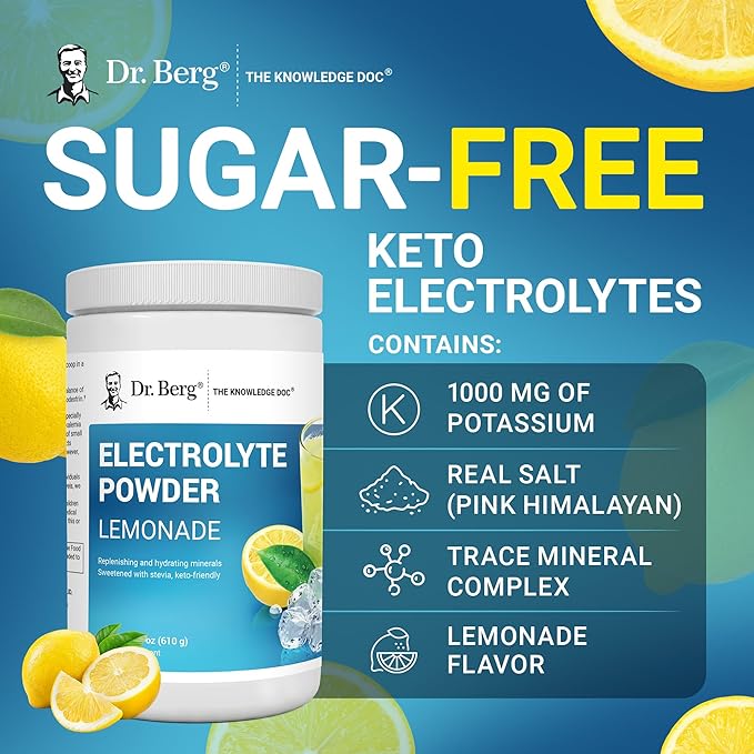 Dr. Berg Zero Sugar Hydration Keto Electrolyte Powder - Enhanced w/ 1000 mg of Potassium & Real Pink Himalayan Salt (NOT Table Salt) - Lemonade Flavor Hydration Drink Mix Supplement - 100 Servings