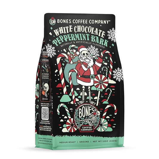 Bones Coffee Company White Chocolate Peppermint Bark Flavored Coffee, Medium Roast Low Acid Arabica Beans Compatible with Auto drip and French Press Coffee Maker, 12 Oz Ground