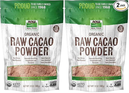 NOW Foods, Organic Raw Cacao Powder, with Polyphenols and Flavonols, Sun-Dried, Intensely Rich Flavor, 12-Ounce (Packaging May Vary) (Pack of 2)