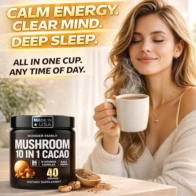 Instant Mushroom Powder 10:1 – Cordyceps Mushroom Supplement with Reishi, Chaga & Shiitake – Caffeine-Free Nighttime Drink with B6, B12, D + Probiotics – Mushroom Cacao Organic Blend (No Sweetener)