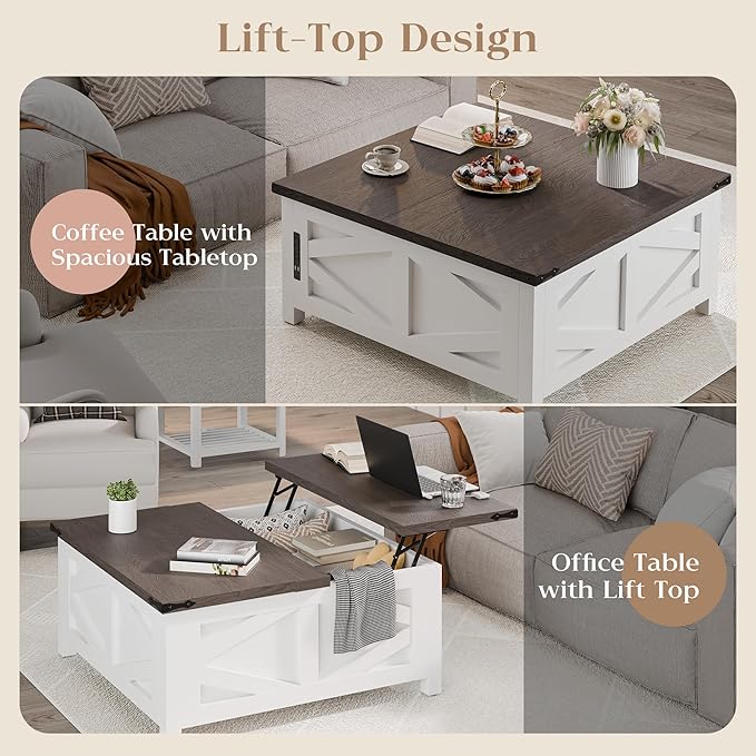 TOLEAD 36" Farmhouse Lift Top Coffee Table with Storage, Square Coffee Table with Charging Station, Living Room Center Table with Large Hidden Space, White