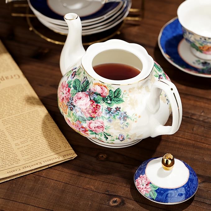 fanquare 21-Piece Blue Lace Porcelain Tea Set, China Coffee Cup and Saucer Set for 6, Pink Flower Tea Sets for Adults Women