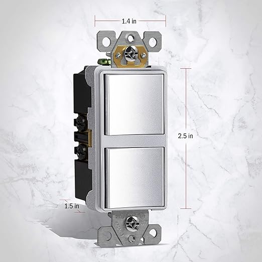 ENERLITES Double Paddle Rocker Decorator Switch, Ground Terminal, Clamp-Type Back Insert Wiring, Copper Wires Only, Single Pole, Residential/Commercial Grade, 15A 120-277VAC, 62834-SV, Silver