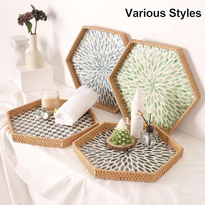 Hexagon Rattan Tray with Mother of Pearl Inlay, Rattan Serving Tray for Coffee, Bread, Fruits, Snacks, Decorative Wicker Tray for Table Decor, Home Decor (Dark Blue Leaves, 14.5"×12.8")