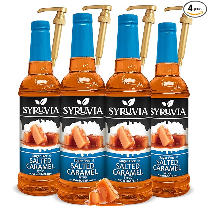 Syruvia Sugar-free Salted Caramel - 25.4 fl oz. Premium Coffee Flavoring Syrup. 0 Calories, Kosher, and Gluten-Free. Perfect for Drinks, Sodas, Shakes, Desserts, and More With Pump (Pack of 4)