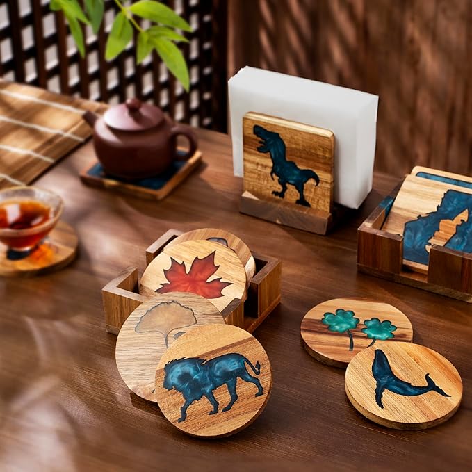4Pcs Drink Coaster Set with Napkin Holder Conversion Base Acacia Wood with Unique Resin Island Design for Kinds of Cups Tabletop Protection and Decor for Coffee Table Ideas for Gifts