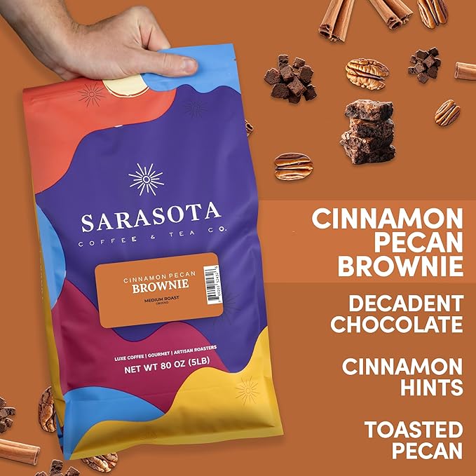 Sarasota Coffee Ground Cinnamon Pecan Brownie | Medium Roast Gourmet Flavored Coffee Grounds | Low Acid, Mold Free, Specialty Grade Flavored Bulk Ground Coffee | 5lb (80 oz)