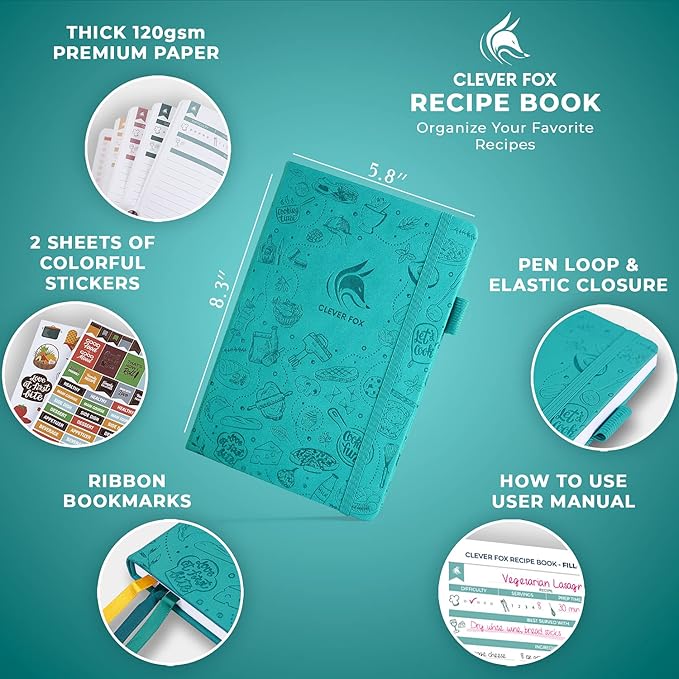 Clever Fox Recipe Book – Blank Family Cookbook – Empty Cooking Journal – Notebook Organizer to Write In Recipes – Medium, A5 (Turquoise)