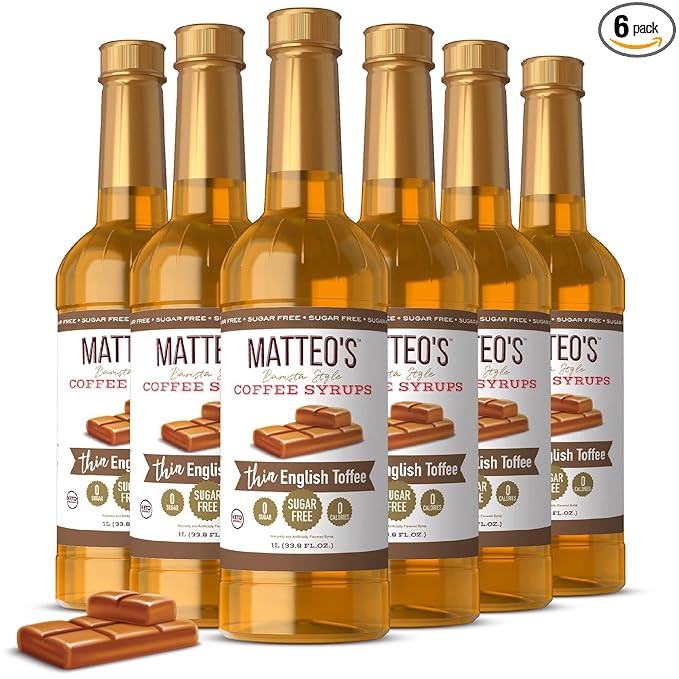 Matteo's English Toffee Syrup for Coffee, Lattes, Cappuccinos & Desserts – Sugar-Free Sweetener for Beverages, Keto Friendly, Zero Calories, Indulgent Flavor, Non-Alcoholic, 33.8oz (6pk)