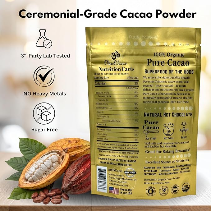 Pure Raw Organic Cacao Powder | Premium Ceremonial Grade Cacao | Natural Source of Flavanols, Magnesium, Iron & Theobromine | Sugar-Free Hot Cocoa Chocolate Drink & Baking Mix | Unsweetened - (33 Servings)
