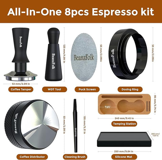 8-Piece Espresso Accessories Set – 53 mm Tools for 54 mm Portafilters – Tamper Station, Coffee Tamper, Distributor/Leveler, WDT Tool, Dosing Ring, Cleaning Brush, Puck Screen & Silicone Mat.