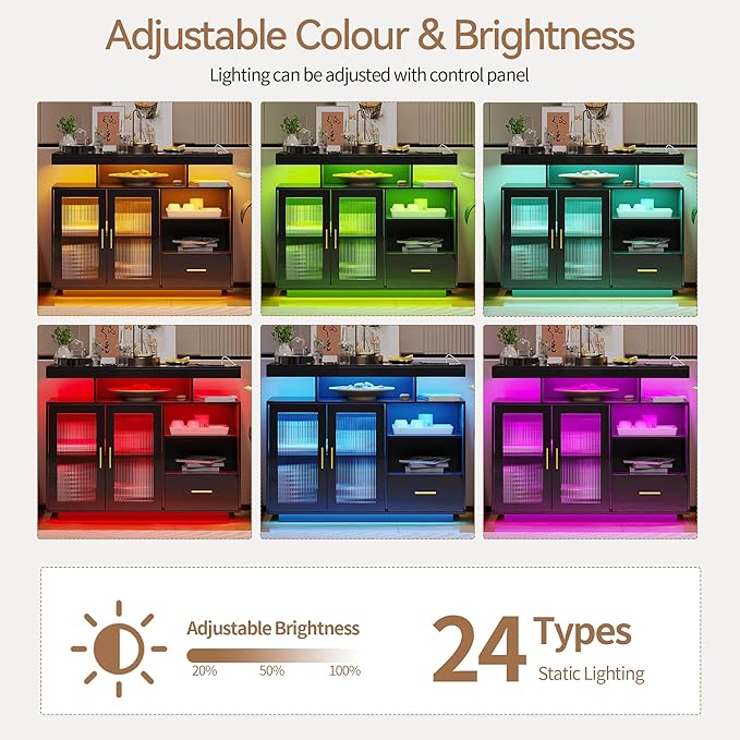 40" Wood LED Coffee Bar with Wireless Charging Station, Storage Coffee Bar Cabinet with 2 Doors and Shelves