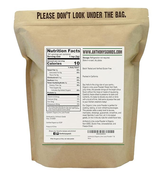 Anthony's Organic Lime Juice Powder, 1 lb, Freeze Dried, Unsweetened, Gluten Free, Non GMO