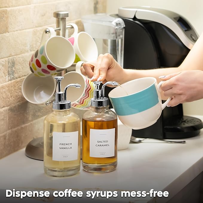 Spaceneat Coffee Syrup Dispenser with Pump - Includes 24 Flavor Labels - Glass Syrup Dispenser for Coffee Bar - Elevate your Beverage Station with 16.9 fl oz Flavoring Container Bottles, 4pcs, Silver