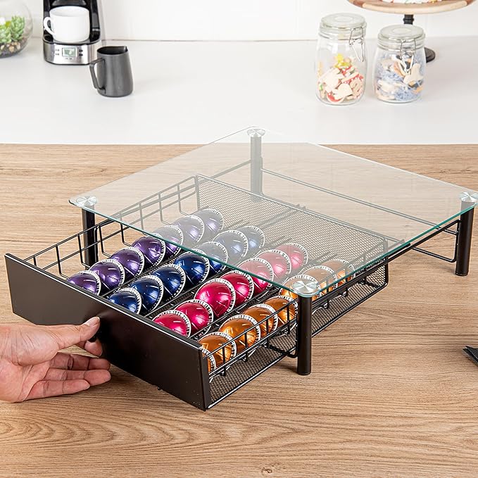 Restaurantware Restpresso 15.6 x 14.1 x 4.2 Inch Coffee Capsule Drawer 1 Heavy-Duty Pod Drawer - Holds 40 Nespresso Vertuo Capsules Glass Top Iron Espresso Pod Organizer Pods Not Included