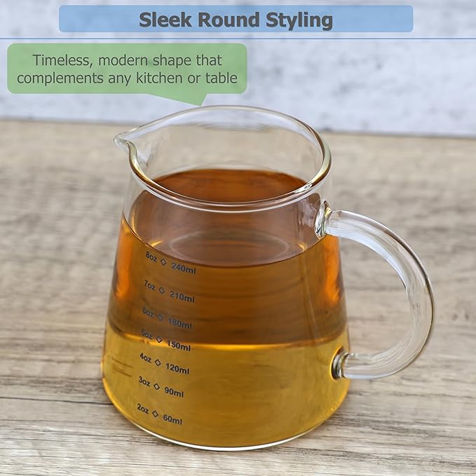 EIKS 2 Pack Glass Creamer Pitcher with Handle and Measurement Scale for Serving Coffee Milk Cream Tea Beverage Sauce Jam dressings (Capacity 240ml / 8oz)