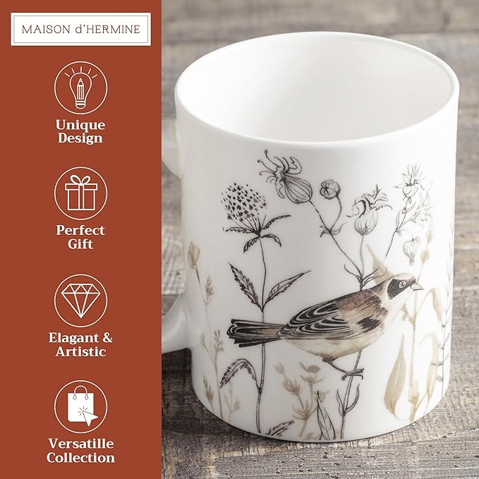 Maison d' Hermine Coffee Mug with Handles Fine Bone China Mugs Pack of One Tea Cups for Hot Beverages Cappuccino Latte Home Office Perfect for Gift (Meadow Florals - Brown Meadow Mornings, 15 Ounce)