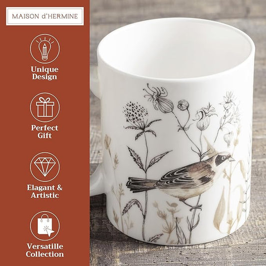 Maison d' Hermine Coffee Mug with Handles Fine Bone China Mugs Pack of One Tea Cups for Hot Beverages Cappuccino Latte Home Office Perfect for Gift (Meadow Florals - Brown Meadow Mornings, 15 Ounce)