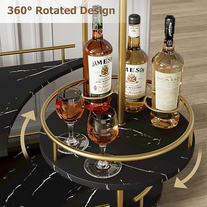 GarveeHome Gold Bar Carts with 4-Tiers Storage Shelves，Mobile Bar Seving Carts On Wheels with Wine Rack and Glass Holder for Kitchen, Dining Room, Living Room-Gold+Black