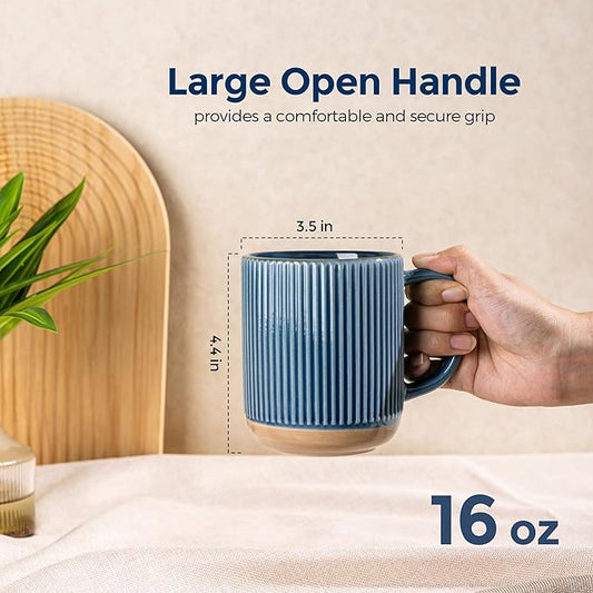 GBhome Large Coffee Mugs Set of 4, 16oz Handmade Stoneware Coffee Mugs Set with Large Handle for Cappuccino/Latte/Tea/Hot Cocoa, Dishwasher & Microwave Safe, Moonlight Blue