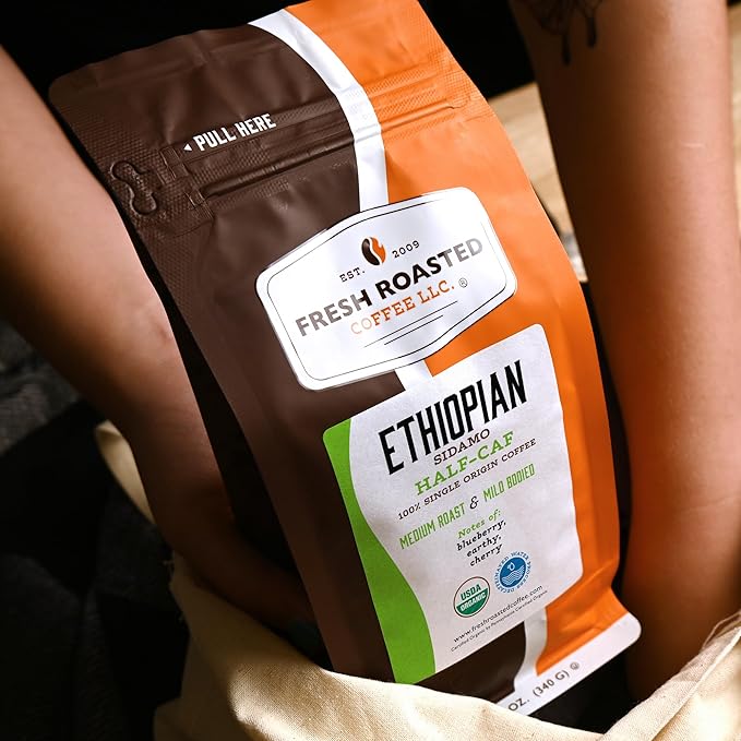 Fresh Roasted Coffee, Organic Ethiopian Sidamo Water-Processed Half-Caf | USDA Organic, 100% Single Origin, Kosher | Medium Roast 12 oz Whole Bean