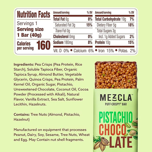 Mezcla Puff Crispy Protein Bars, Gluten Free & Vegan Protein Bars, 10g Protein, Alt for Pistachio Dubai Chocolate Bar, Granola Bars & Breakfast Bars, Healthy Snacks for Adults, Pistachio Chocolate, 12 Pack
