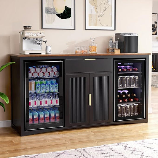 GDLF Long Coffee Bar Cabinet with Fridge Space, Modern Wine Liquor Cabinet with Storage & Power Outlet, Buffet Sideboard with Fluted Doors for Home, 70.1 Inch, Black