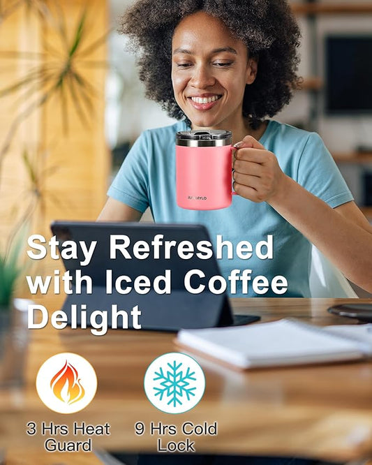 Insulated Coffee Mug 12 oz, Double Wall Stainless Steel Coffee Mug with Lids, Leak-Proof & Detachable Slider Lid for Thorough Clean, Keeps Coffee Cold for 9 Hrs, Suitable for Camp Home Office