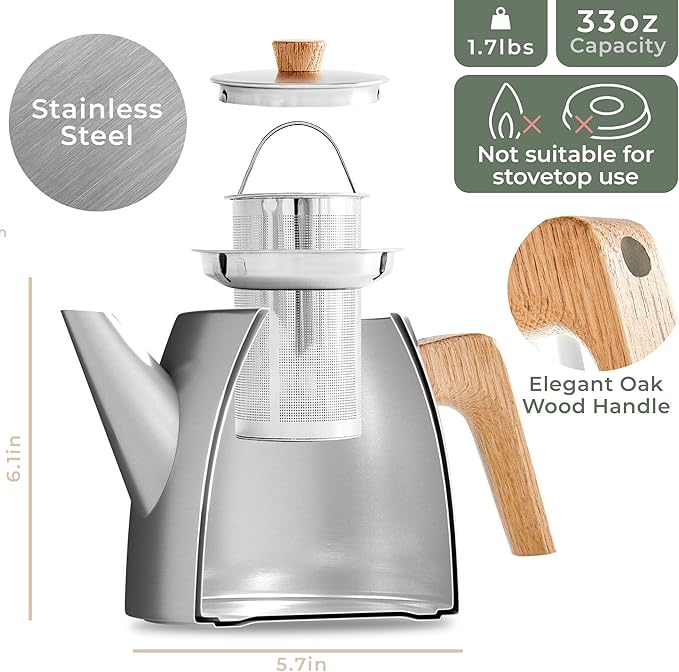 WALDWERK Tea Pot with Infuser - Double Wall Stainless Steel Teapot - Tea Pot with Infuser for Loose Tea - Made from 304 Stainless Steel and Oak Wood - Isolated Teapot with Strainer - 100% Drip Free