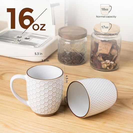 GBhome Large Coffee Mugs Set of 6, 16oz Handmade Embossed Coffee Mugs Set with Large Handle for Cappuccino/Latte/Tea/Hot Cocoa, Dishwasher & Microwave Safe, Off White