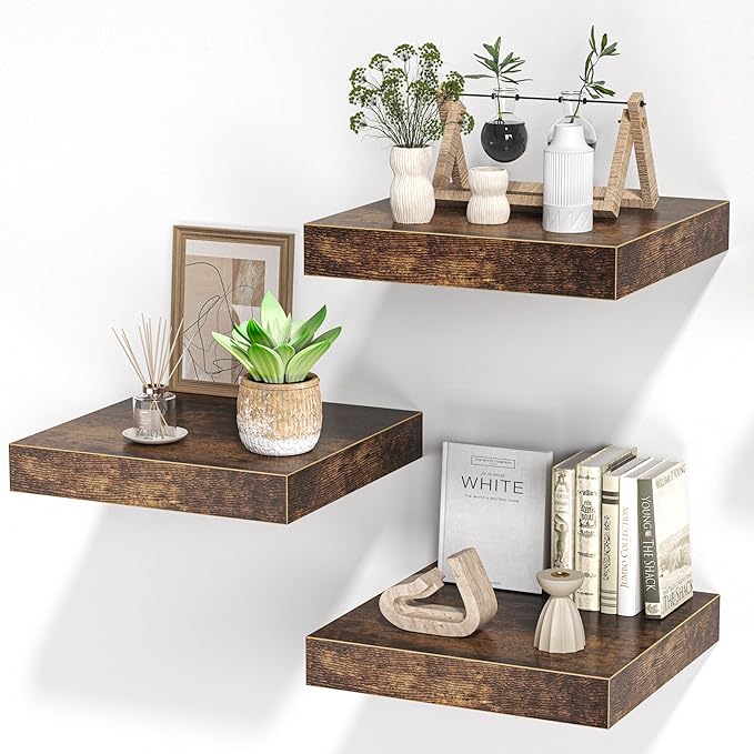 Square Floating Shelves for Wall, 12"W x 12"D x 1.4"H, Small Wooden Wall Mounted Display Shelf with Invisible Brackets for Living Room, Bedroom, Bathroom, Kitchen Decor, Set of 3, Rustic Brown