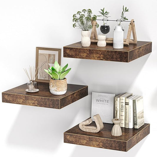 Square Floating Shelves for Wall, 12"W x 12"D x 1.4"H, Small Wooden Wall Mounted Display Shelf with Invisible Brackets for Living Room, Bedroom, Bathroom, Kitchen Decor, Set of 3, Rustic Brown