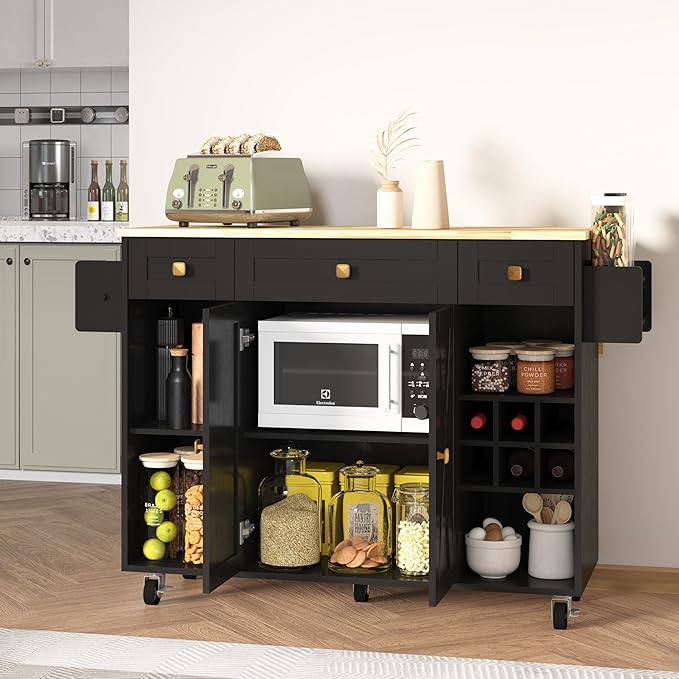 Kitchen Island with Storage, Rolling Kitchen Islands Cart with Solid Wood Countertop, Mobile Drop Leaf Kitchen Prep Table on Wheels with Wine Rack and Drawers
