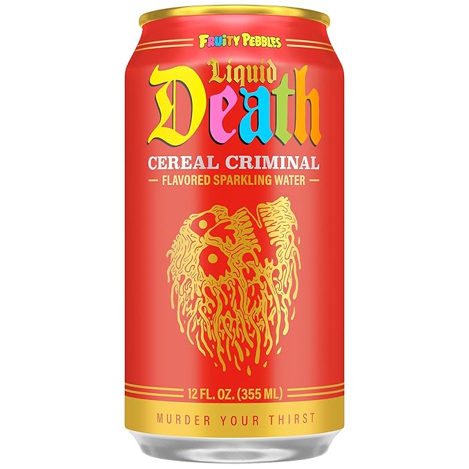 Liquid Death Soda-Flavored Sparkling Water - Cereal Criminal (Fruity Pebbles, Cream), Less Sugar*, Huge Flavor, No Caffeine, No Artificial Sweeteners, 12 Fl Oz (Pack of 12)