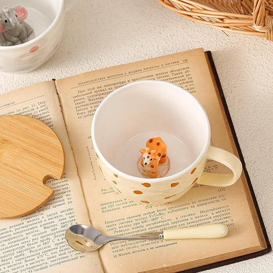Giraffe Mug Cute Coffee Mug with 3D Animal Inside Ceramic Tea Cup with Lid Spoon Cool Animal Stuff Unique Friendship Birthday Gifts for Women Men Friend Coworkers Sister Kids Giraffe Christmas Gifts