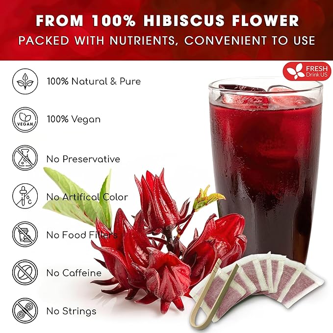FreshDrinkUS, Premium 40 Hibiscus Flowers Tea Bags, 100% Natural, Pure from Hibiscus Flowers. Loose Flower Herbal Tea. No Sugar, No Caffeine, No Gluten, Vegan.