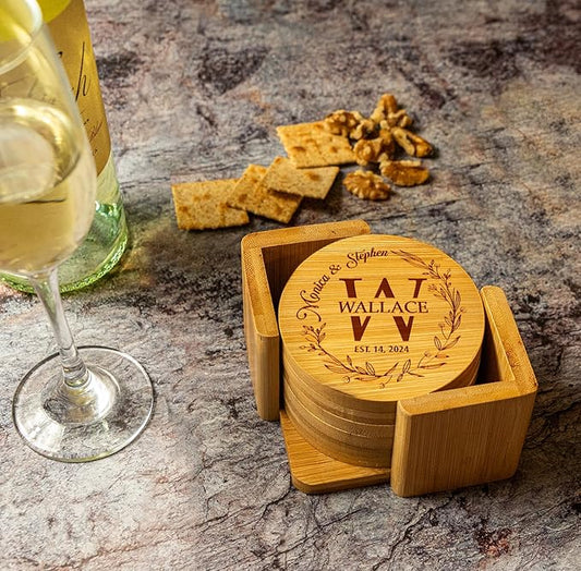 Silveroy Custom Coaster Set of 6 with Holder - Personalized Bamboo Bar Coasters for Anniversary, Wedding, Ideas to Couples, Newlyweds