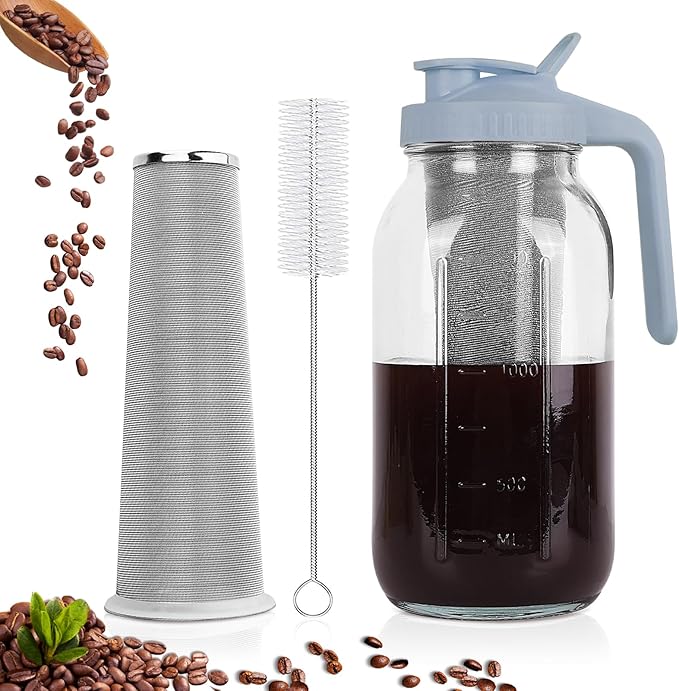 QHH Cold Brew Coffee Maker,64 oz Mason Jar Pitcher with Stainless Steel Filter, Pour Spout Handle Lid, Heavy Duty Glass Airtight & Leak-Proof Pitcher for iced coffee Tea Lemonade-Gray
