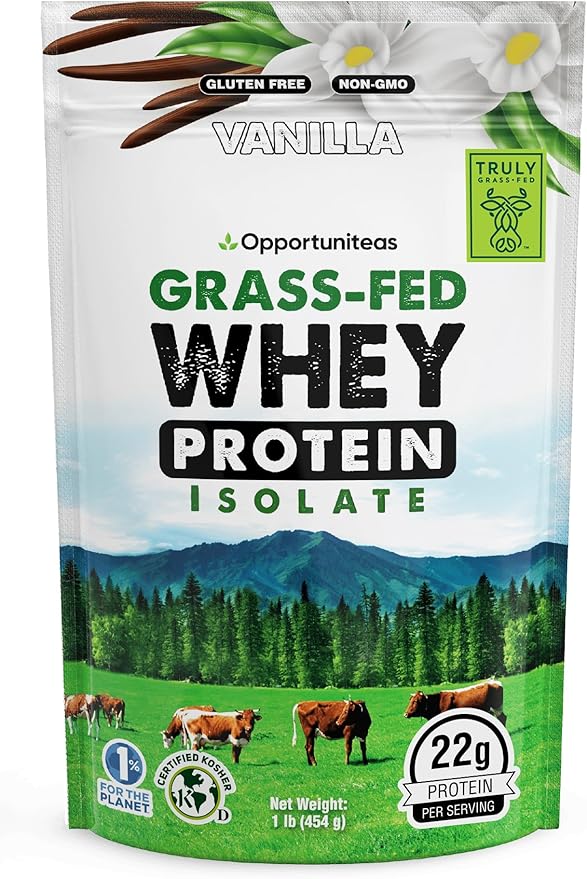 Opportuniteas Grass Fed Vanilla Whey Protein Isolate Powder - 22g Protein Powder Without Artificial Sweeteners, Hormone-Free Cows, Non GMO - 1lb