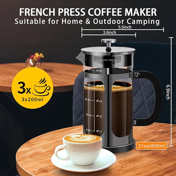 YMMIND French Press Coffee Maker (21oz 600ML 3-4Cup) Coffee Press, with 4 Filters System, Heat Resistant Thickness Borosilicate Glass, Cold Brew Coffee Tea Pot Gifts (Bright Black)