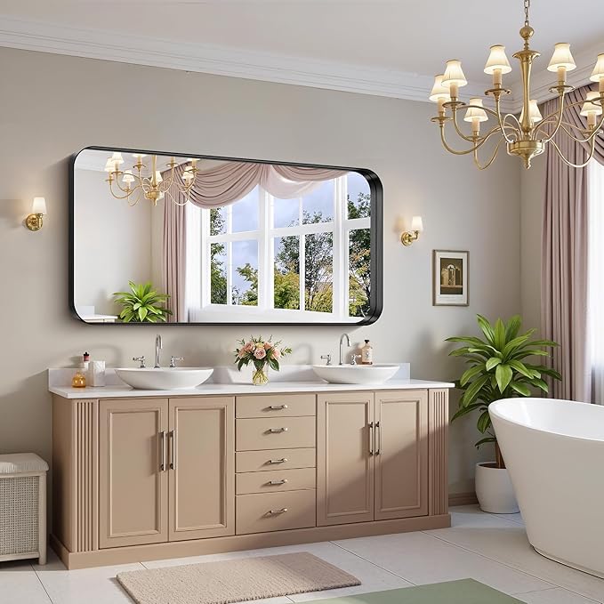 FORBATH 60x30 Inch Large Bathroom Mirror for Double Sinks, Brushed Black Deep Frame Wall Mirror with Rounded Corners, Anti-Rust Tempered Glass for Modern Farmhouse Vanity (Horizontal/Vertical)