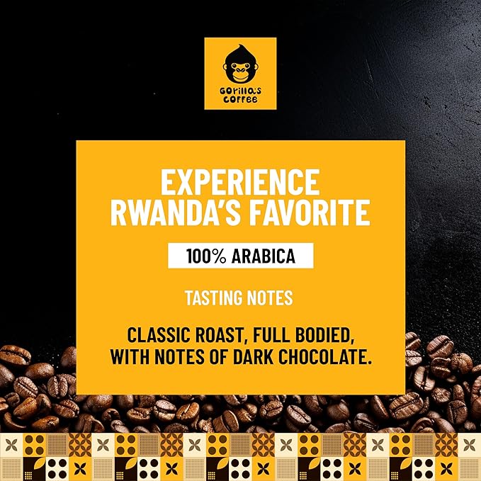 Gorilla's Coffee 100% Arabica - Dark Roast Whole Bean Coffee, Fair Trade, Full Bodied, with Notes of Dark Chocolate | Premium Rwandan Coffee | Rich, Flavorful, and Aromatic (500g/17.6oz)