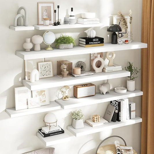 Floating Shelves for Wall with Invisible Brackets, Wall Mounted Engineered Wood Shelves with Wood Grain for Living Room, Bedroom, Bathroom, Kitchen Decor and Storage, Oak, 71"L Set of 2, White