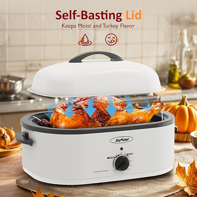 Sunvivi Electric Roaster,18 Quart Roasting Oven with Self-Basting Lid Removable Pan,Turkey Roaster Oven with 150 to 450F Temperature Control Cool-Touch Handles,White