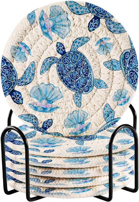 Blue Ocean Map Drink Coasters - Set of 6 Turtle Design - Absorbent Cotton Woven Coasters for Coffee Table Protection