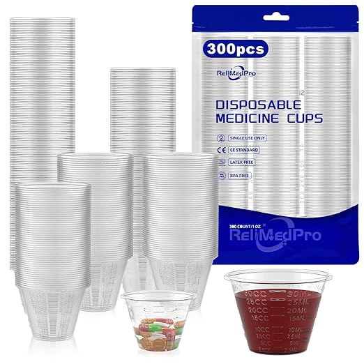 ReliMedPro Disposable Medicine Cups Graduated, pack of 300, 1 oz (30ml) Small Plastic Measuring Cup for Liquid Medication, Paint, Epoxy, Pill and Resin
