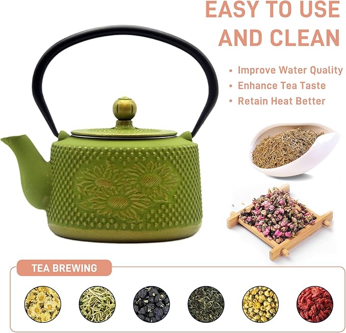 Cast Iron Teapot with Sunflower Pattern,SECHUDO Tea Kettle Coated with Enameled Interior for Loose Tea,Green Cast Iron Teapot with Stainless Steel Infuser for Stovetop Safe (28.7oz/850ml)