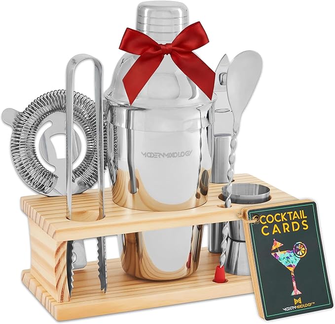 Modern Mixology Cocktail Shaker Set - 8 Piece Bartender Kit on Quality Pine Stand | Complete Cocktail Kit Gift Set | Top Bartender Gifts for Men | Leak Proof Design (Silver)