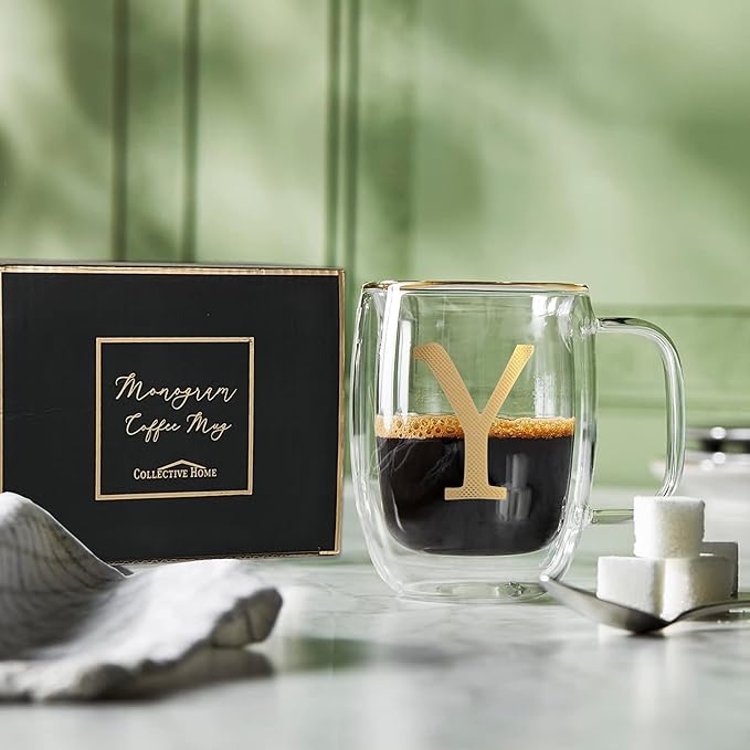 COLLECTIVE HOME - Double Walled Glass Coffee Mugs, Insulated Coffee Mug with Handle, Personalized Gifts for Women, Men, Christmas, 14 oz Monogram Cups (Y)