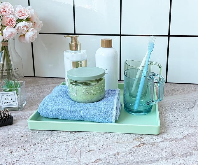 Green Square Tray 11 Inch - 3 Pack Multi-Purpose Organizer Tray for Vanity, Coffee Table, Bathroom Countertop & Ottoman | Decorative Catch-All Tray for Home, Office, Jewelry & Makeup